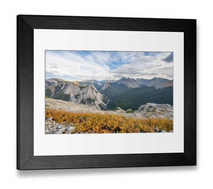 Framed Print : Autumn yellow bush, mountain landscape with river valley and peaks
