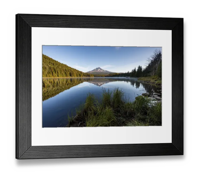 Framed Print : Lake shore, reflection of Mt. Hood volcano in Trillium Lake