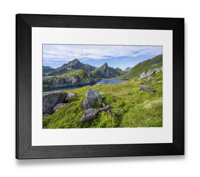Framed Print : Lake Tennesvatnet and mountain landscape with rocky pointed peaks