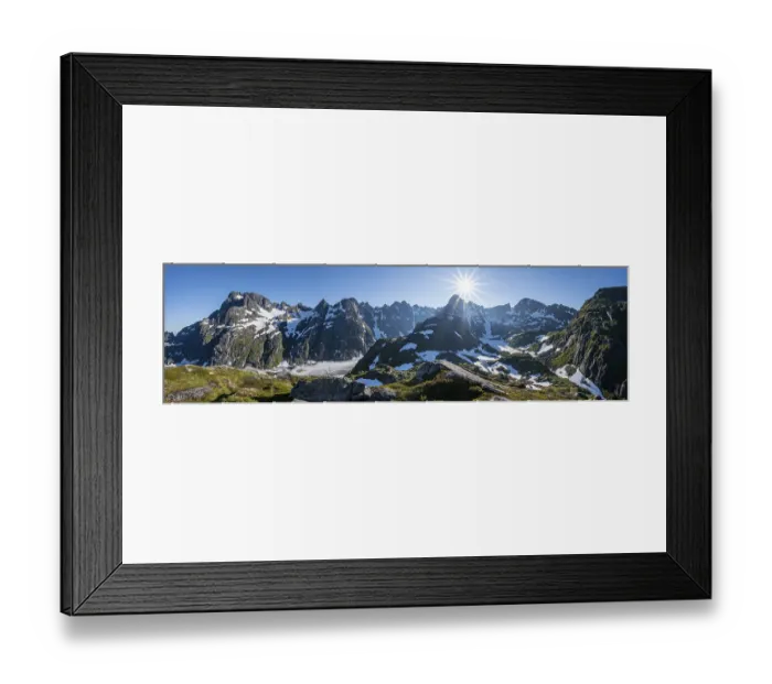 Framed Print : Sun shining on mountains with snow Framed Print : Sun shining on mountains with snow