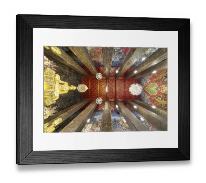Framed Print : Frog's-eye view: coffered ceiling and golden Buddha statue Framed Print : Frog's-eye view: coffered ceiling and golden Buddha statue