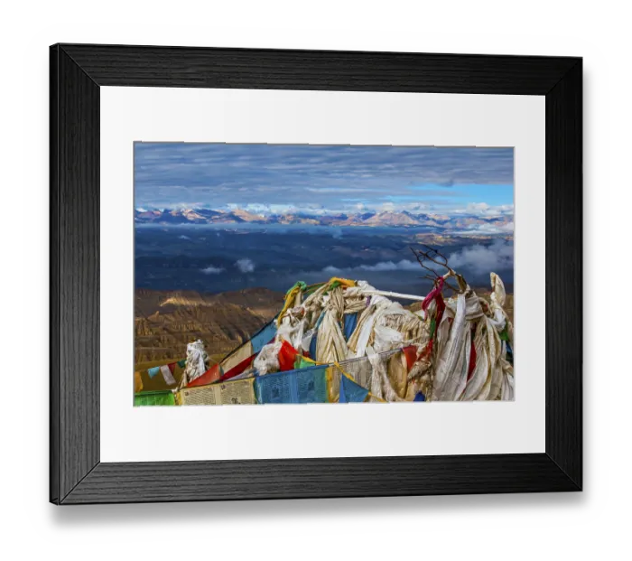 Framed Print : Prayer flags over the eroded mud landscape in the kingdom of Guge
