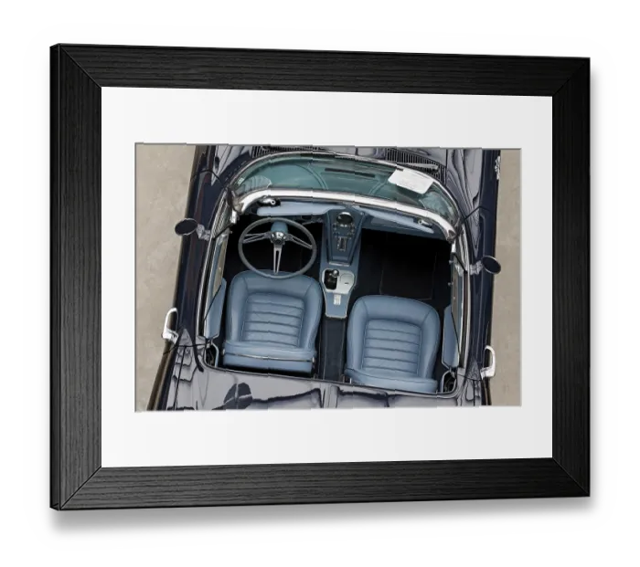 Framed Print : Open convertible car, two blue leather seats