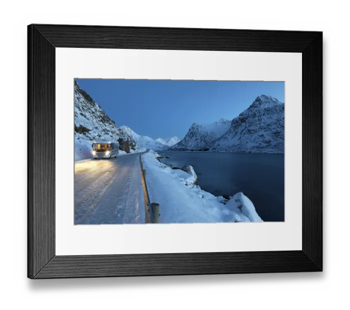 Framed Print : With motorhome on the E10 at Flakstadpollen in winter