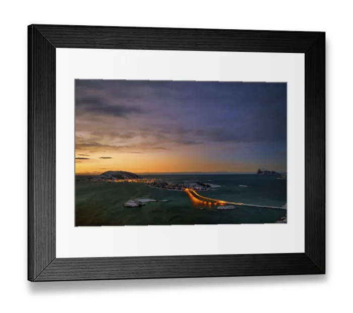 Framed Print : Fjord with an illuminated bridge in winter at sunset Framed Print : Fjord with an illuminated bridge in winter at sunset