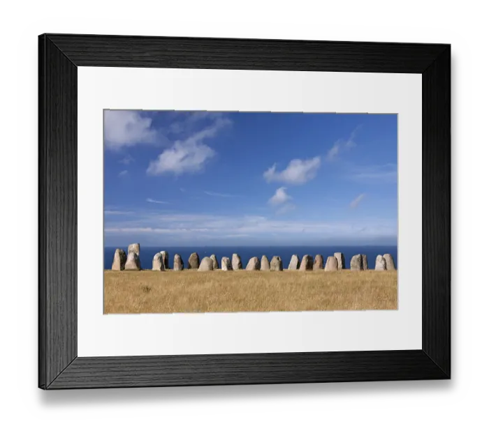 Framed Print : Ales stones, Ales stenar, megalithic oval stone monument representing a stone ship