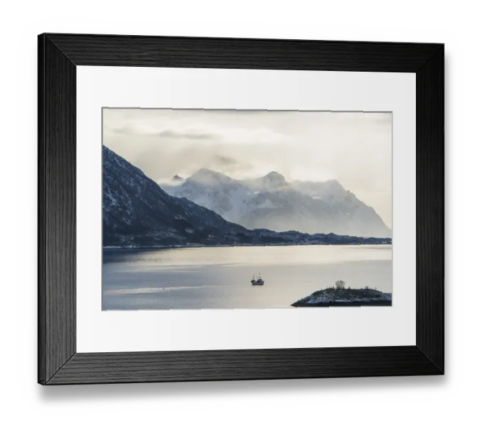 Framed Print : Fjord in winter, Austnesfjorden fjord