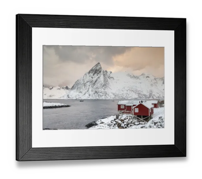 Framed Print : Rorbuer fishermen's cabins by the snowy fjord