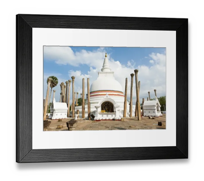 Framed Print : White Stupa, colorful ribbon in the colors of Buddhism