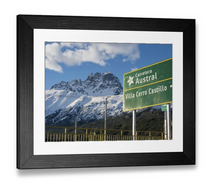 Framed Print : Signpost on road Carretera Austral at Villa Cerro Castillo