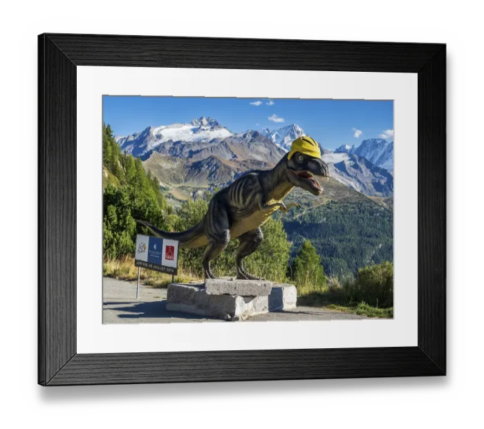 Framed Print : Dinosaur sculpture a barrage de Emosson in front of snow covered mountains