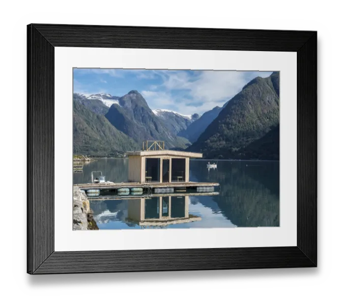 Framed Print : Floating sauna, village Fjaerland at the Sognefjord