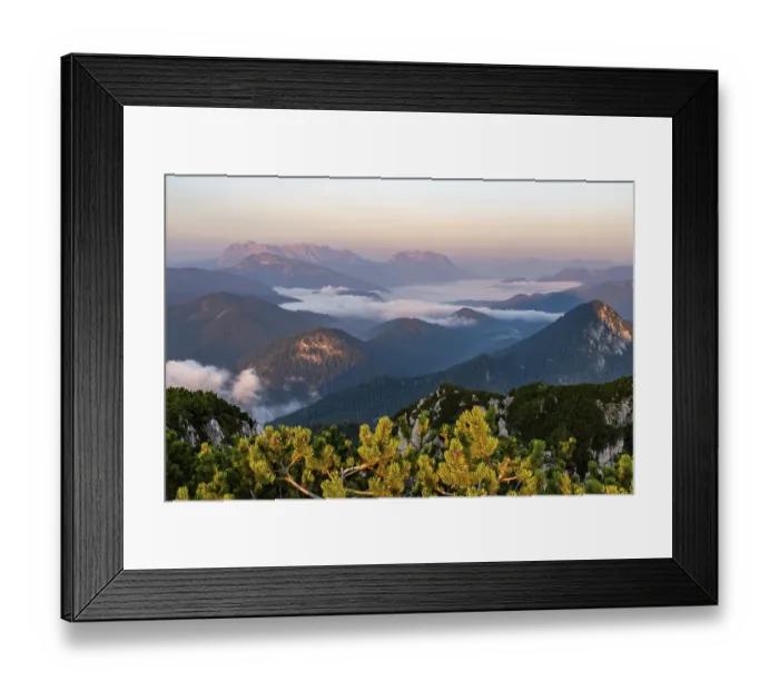 Framed Print : Sunrise in the Chiemgau Alps with a view of the Wilder Kaiser and fog in the valley