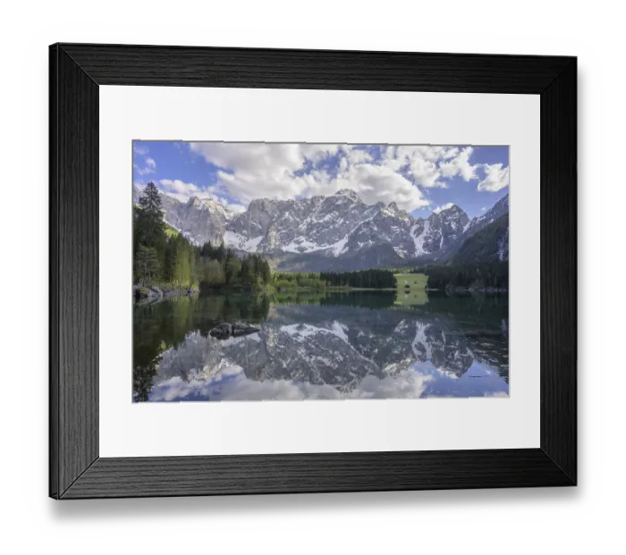 Framed Print : The Mangart mountain range reflected in Lake Fusine Framed Print : The Mangart mountain range reflected in Lake Fusine