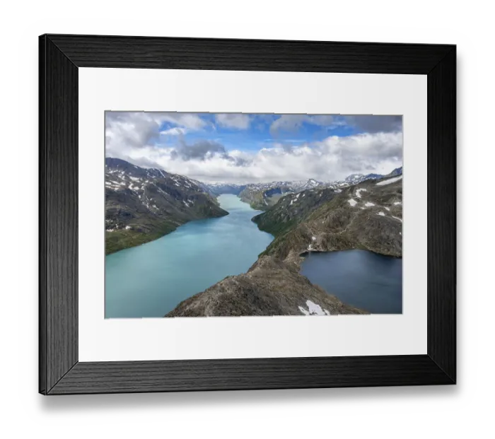 Framed Print : View of Lake Gjende, Lake Bessvatnet and mountains