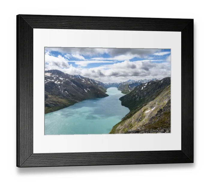 Framed Print : View of Lake Gjende and snowy mountains
