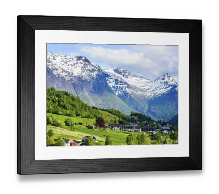 Framed Print : Mountains and Fiord over Norwegian Village