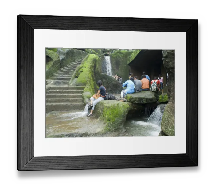 Framed Print : Tourist at waterfall of Kanheri caves built in 1st Century B Framed Print : Tourist at waterfall of Kanheri caves built in 1st Century B
