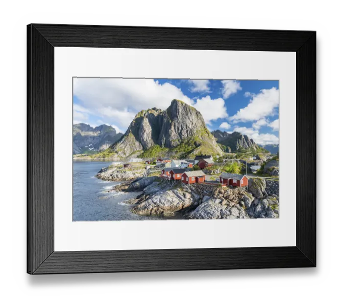 Framed Print : Rorbuer fishing huts on the fjord Framed Print : Rorbuer fishing huts on the fjord