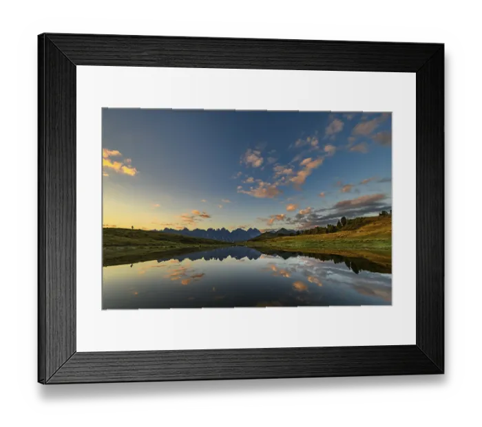 Framed Print : Salfainsee with reflection of the Kalkkoegel and mountaineers on mountain meadow at sunrise