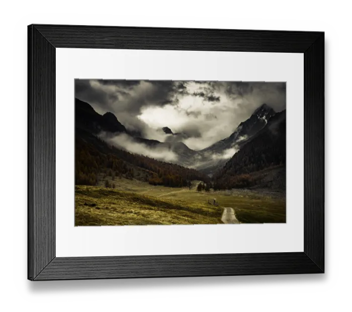Framed Print : Way cross with path in autumnal mountain landscape with threatening cloudy sky