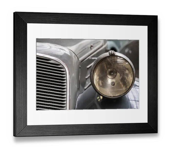 Framed Print : Headlight of old vintage car close-up