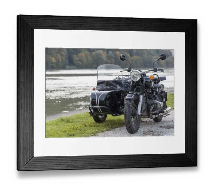 Framed Print : Motorbike with sidecar parked on an idyllic side road - sidecar bike Framed Print : Motorbike with sidecar parked on an idyllic side road - sidecar bike