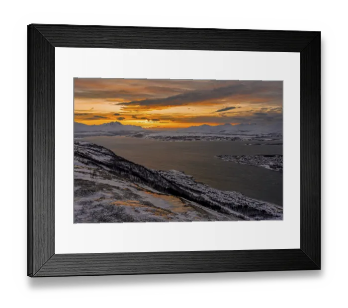Framed Print : Winter view from Mount Storsteinen to the southern tip of Tromso at sunset