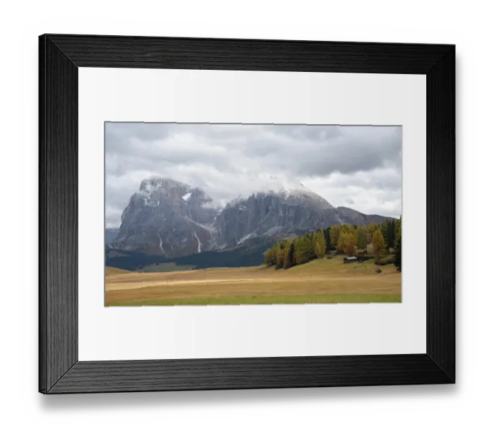 Framed Print : Landscape autumn meadow field. Dolomite rocky peaks