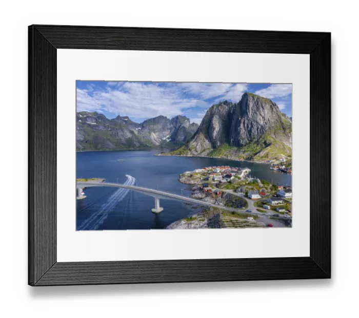 Framed Print : Aerial view, Hamnoy, Reinefjord with mountains
