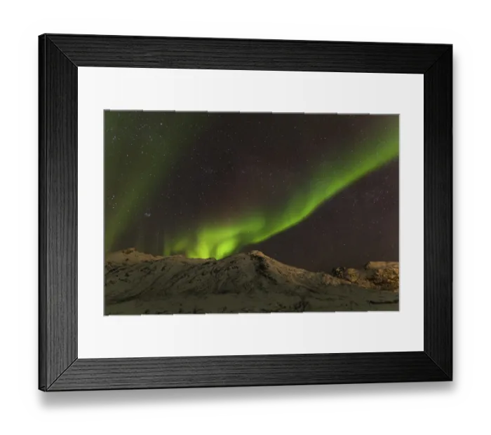 Framed Print : Northern Lights over snow covered mountains