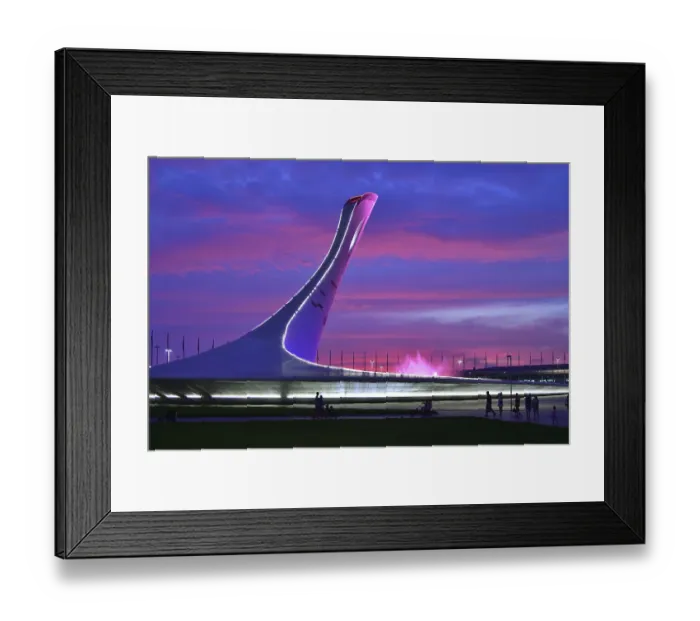 Framed Print : Sochi, Russia, May 29. 2018. Bowl of the Olympic flame Firebird and singing Fountain in the Olympic park in the evening