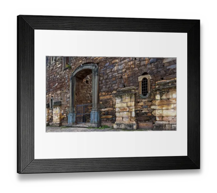 Framed Print : Strong stone walls of unfinished historic colonial church in ruins in the city of Sabara in Minas Gerais