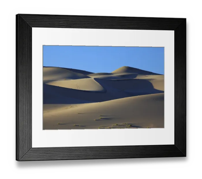 Framed Print : Cold dark blue shades and traces of animals on sand of the White dune Eureka
