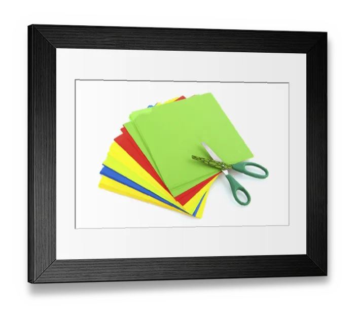 Framed Print : Child scissors with colorful paper isolated over white background