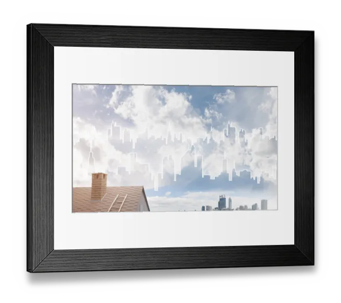 Framed Print : Concept of real estate and construction with drawn silhouette on big city background