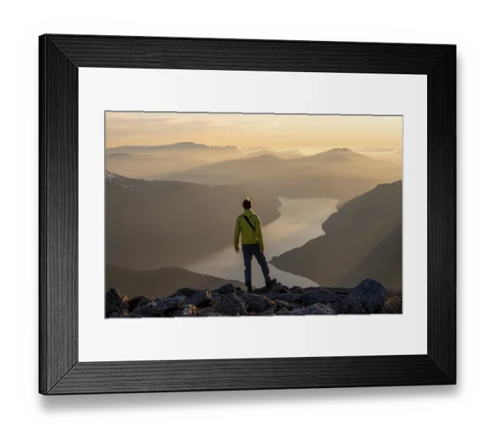 Framed Print : Hikers on top of Skala, view of mountains and fjord Faleidfjorden
