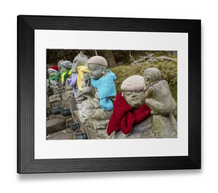 Framed Print : Jizo statues with colourful hats and scarves in Japan