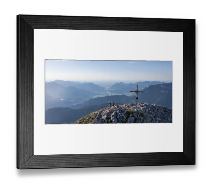 Framed Print : Two hikers at the summit, aerial view Framed Print : Two hikers at the summit, aerial view