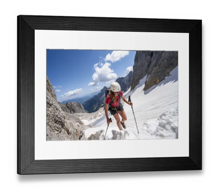 Framed Print : Mountaineer on a snowfield, mountain basin with glacier remnant of the Hoellentalferner