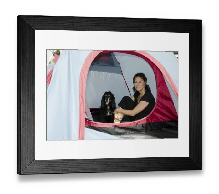 Framed Print : Woman Sitting Inside a Camping Tent with Her Cocker Spaniel Dog in a Sunny Summer Day in Switzerland