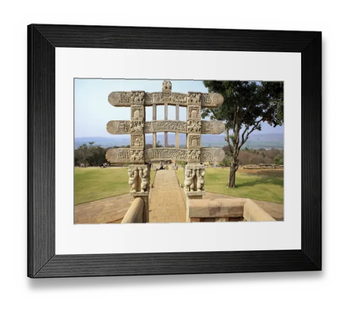 Framed Print : Western gateway depicting stories of Buddha with pot-bellied dwarfs supporting pillars
