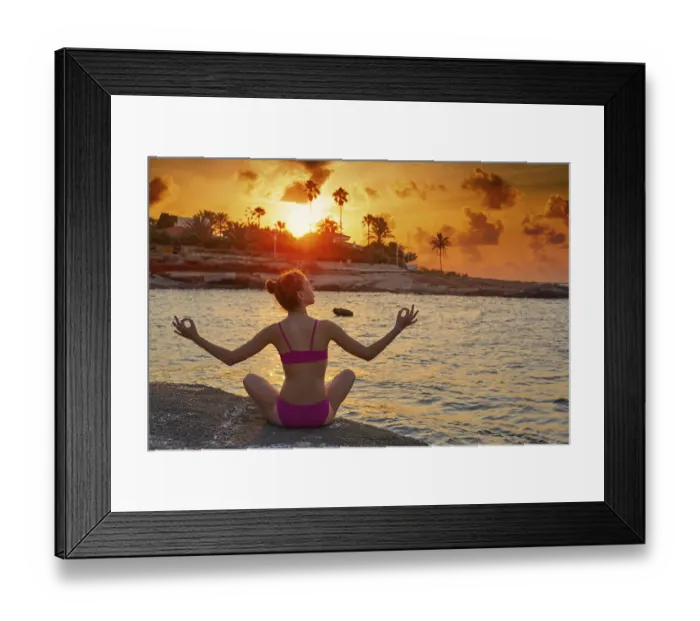 Framed Print : Girl silhouette at beach sunset open arms yoga mudras fingers relaxed sitting