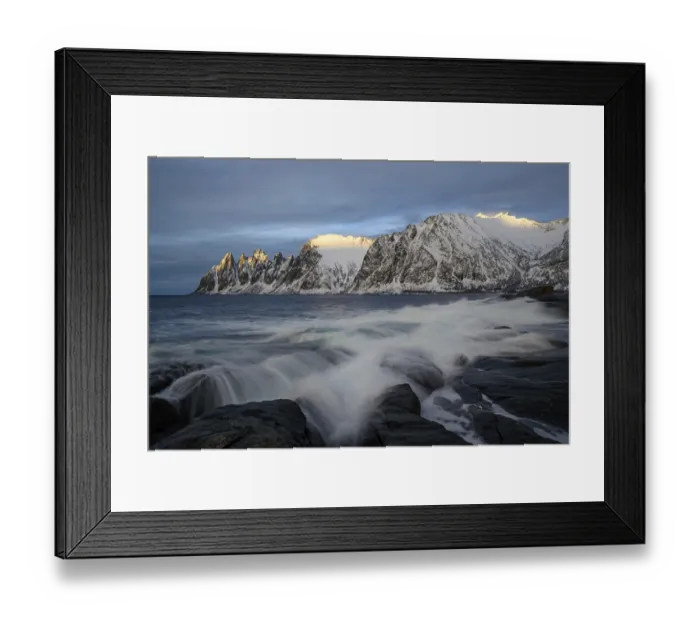 Framed Print : Beautiful winter landscape scene in Steinfjord and mountain in background in Northern Norway Framed Print : Beautiful winter landscape scene in Steinfjord and mountain in background in Northern Norway