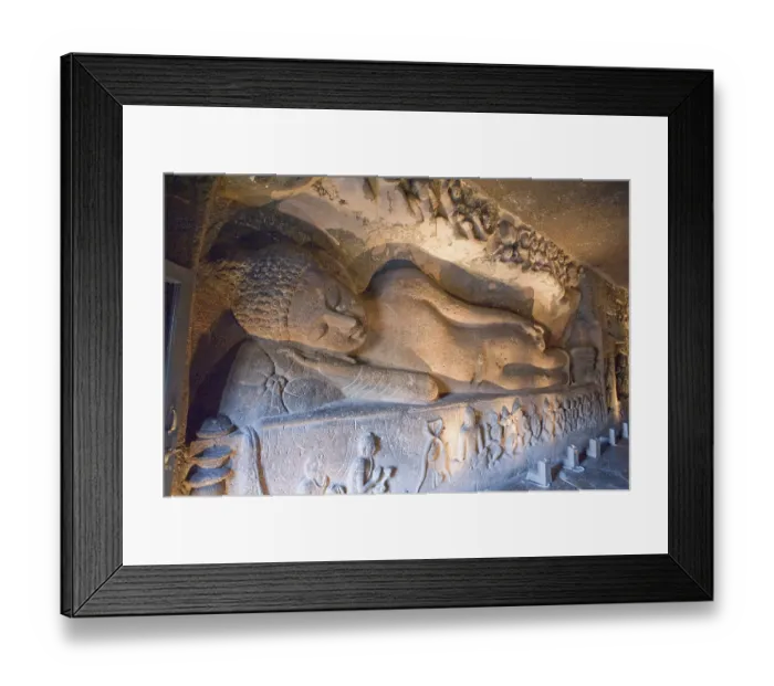 Framed Print : Huge figure of reclining buddha laying back in preparation for nirvana at ajanta caves Framed Print : Huge figure of reclining buddha laying back in preparation for nirvana at ajanta caves