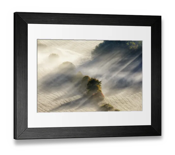 Framed Print : Sun rays in fog on a field Framed Print : Sun rays in fog on a field