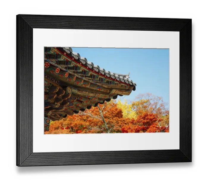 Framed Print : Korean traditional roof eaves with autumn leaves at Bulguksa temple in Gyeongju
