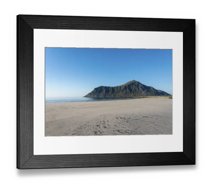 Framed Print : Landscape at Skagsanden Beach with view to the summit of Hustinden