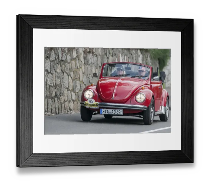 Framed Print : Laterally offset frontal view of the red VW Beetle Convertible 1300 LS with start number 136 Framed Print : Laterally offset frontal view of the red VW Beetle Convertible 1300 LS with start number 136