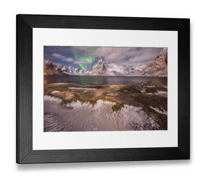 Framed Print : Small aurora with clouds, rocks and ice
